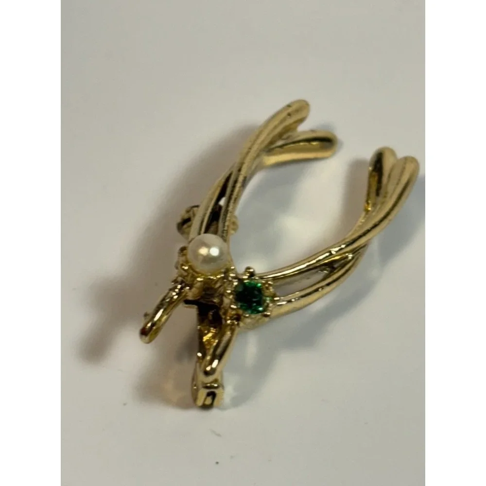 Vintage Brooch Lucky Wish Bone Faux Pearl‎ Green Rhinestone
